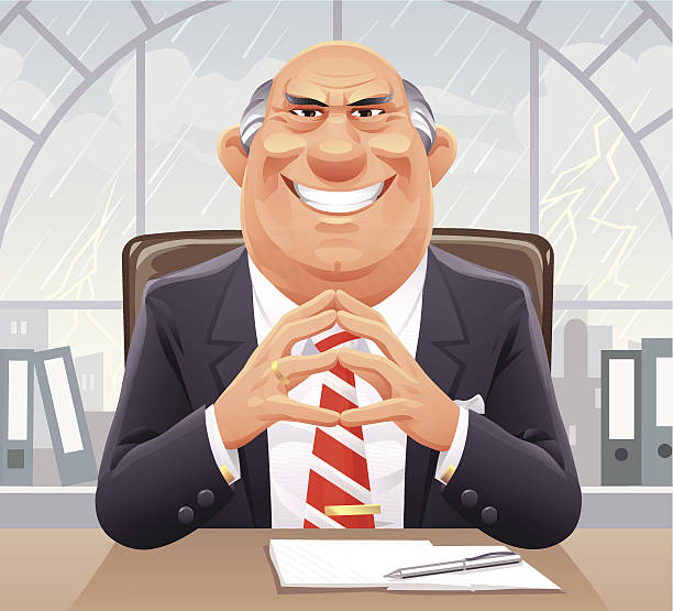 Big Bad Boss A smirking senior businessman sitting at his desk in front of a window on a rainy day. EPS 10, everything grouped and labeled in layers. cruel illustrations stock illustrations