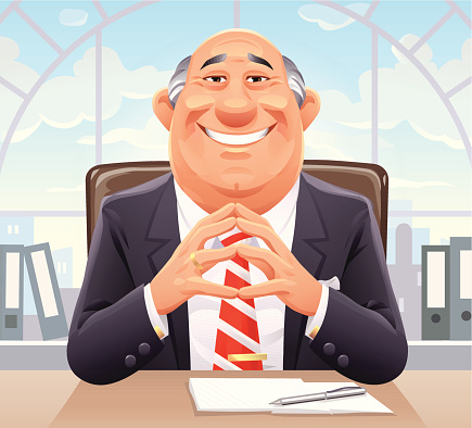 A smiling senior businessman sitting at his desk in front of a window on a bright shiny morning. EPS 10, everything grouped and labeled in layers.