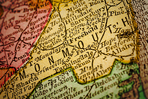 Close up on an antique map of the county of Monmouth, state of New Jersey. Published in 1884; Rand McNally and Co; Chicago. Selective focus and Canon EOS 5D Mark II with MP-E 65mm macro lens.