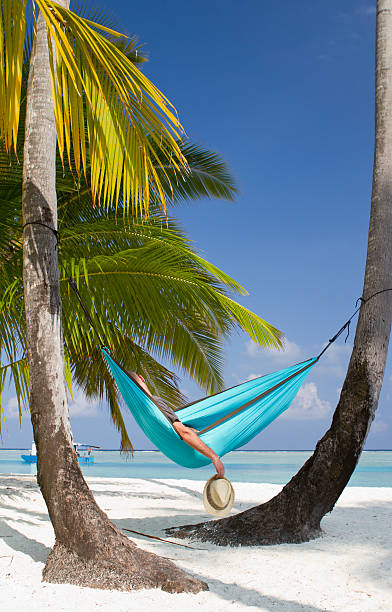 istock Young man resting in a hammock on the beach 500542329