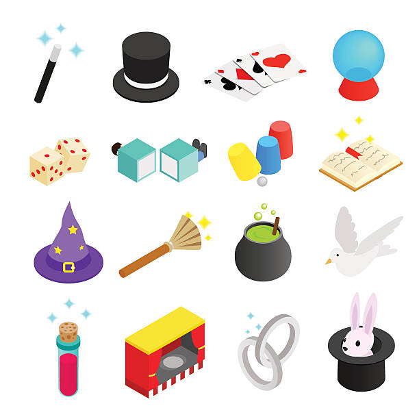 ilustrações, clipart, desenhos animados e ícones de magic isometric ícone 3d - magician magic trick hat magic wand