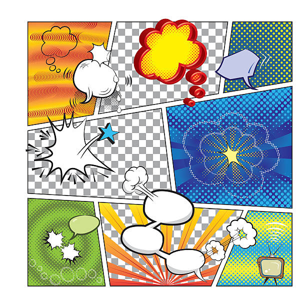 Comics Speech Bubbles Comics style colourful template with halftone, speech bubbles and radiant vector patterns storyboard template stock illustrations