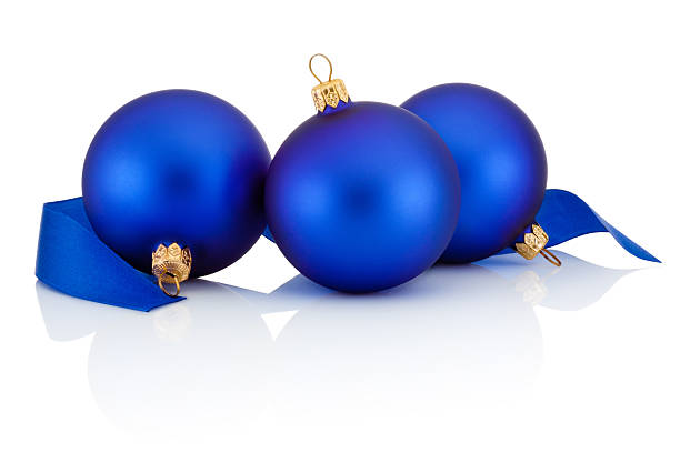 istock Three blue christmas balls and ribbon Isolated on white background 500546918