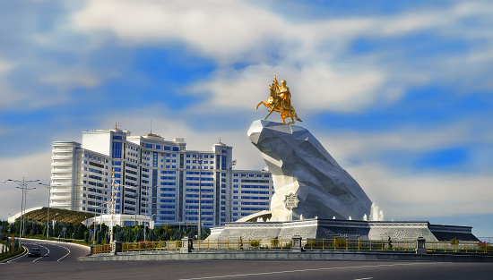 Ashgabat, Turkmenistan - October 20, 2015. Monument to President of Turkmenistan Gurbanguly Berdimuhamedov. Ashgabat, Turkmenistan - October 20, 2015.
