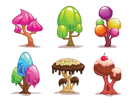Cartoon sweet candy trees, fantasy elements for game design