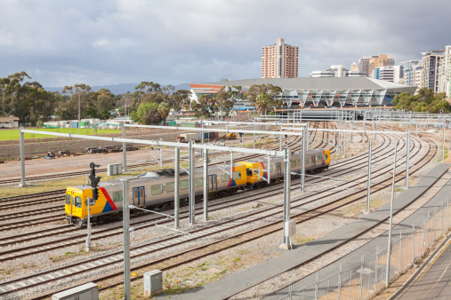 Train approaching the railway station in Adelaide, South Australia