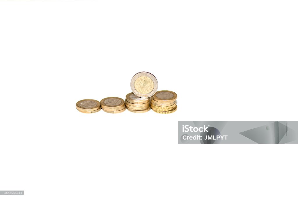 Corners: euros stack of Coins - isolated on white. Corner Stock Photo
