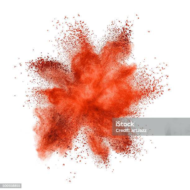 Red Powder Explosion Isolated On White Stock Photo - Download Image Now - Ground - Culinary, Exploding, Face Powder