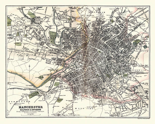 ilustrações, clipart, desenhos animados e ícones de mapa antigo de manchester, salfiord e arredores, inglaterra, 1880 - grande manchester