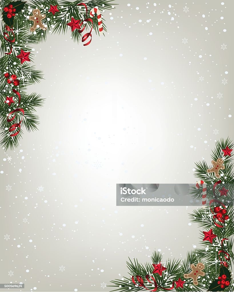 Christmas background with fir and snowflakes Christmas background with tree branch border with berry and ribbon. Border - Frame stock vector