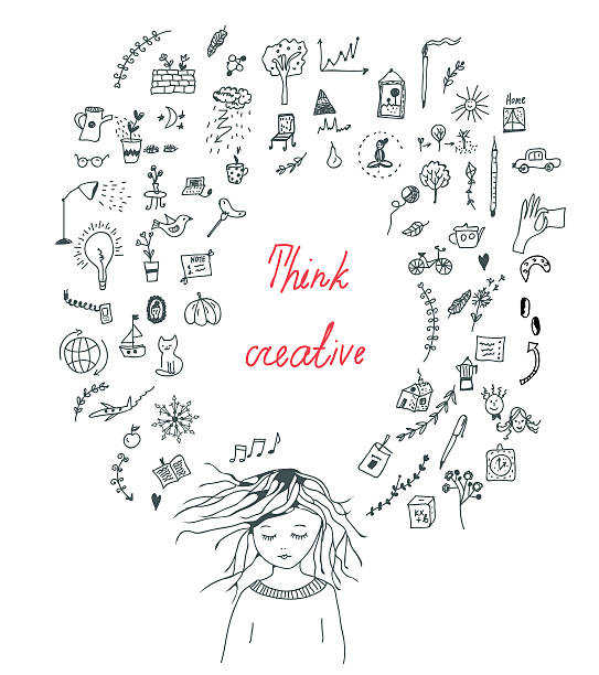twórcze myślenie koncepcja z dziewczyna - child ideas inspiration expertise stock illustrations