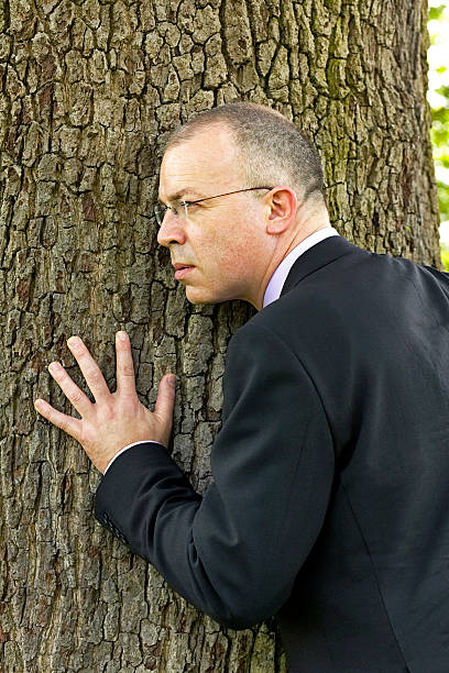 business man hugging a tree and listening stock photo