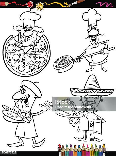 Cook Cozinheiros Conjunto De Desenhos Animados Livro De Colorir - Arte vetorial de stock e mais imagens de Página de livro de colorir - Técnica de ilustração