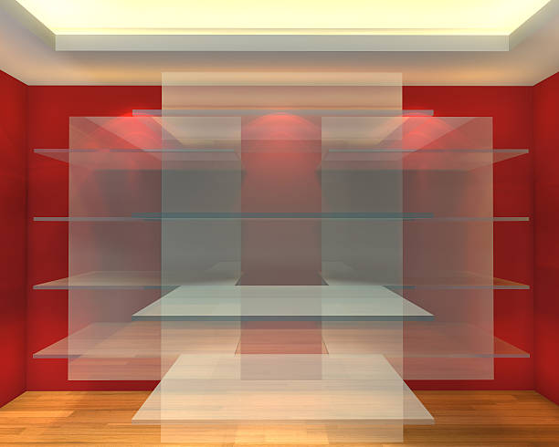 istock Glass shelves in red empty room 500577783