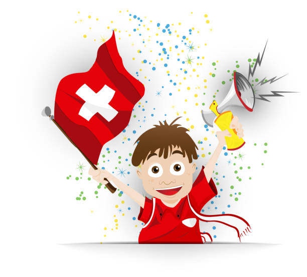 illustrazioni stock, clip art, cartoni animati e icone di tendenza di fan di calcio bandiera fumetto svizzera - people in the background swiss culture swiss flag switzerland