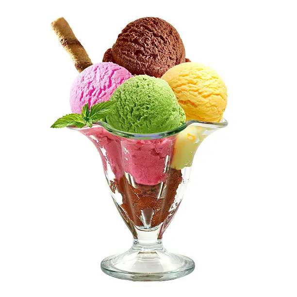 Ice cream scoops in sundae cup on white background