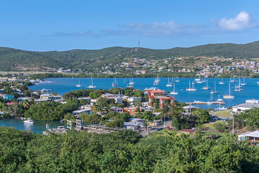 Beautiful view of Ensenada Honda bay and town of Dewey on Puerto Rican island of Isla Culebra in the Caribbean Sea