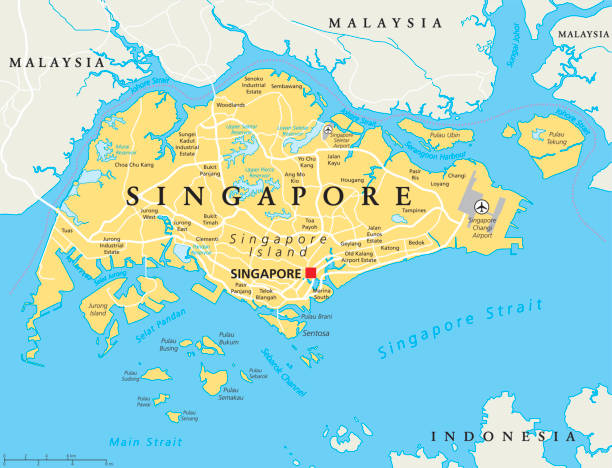 Singapore Political Map Singapore island political map with capital Singapore, national borders and important cities. English labeling and scaling. Illustration. singapore map stock illustrations