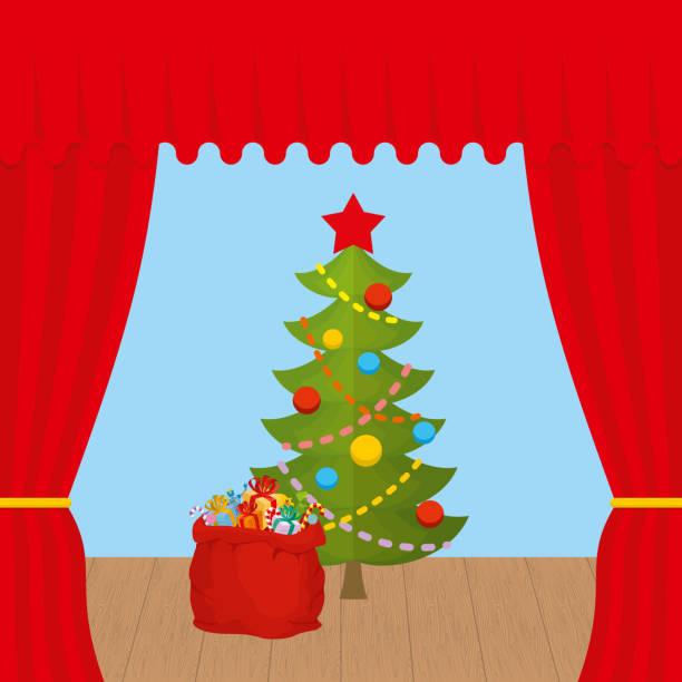 istock Christmas Scene and red curtain. Holiday scene. Christmas tree 500591762