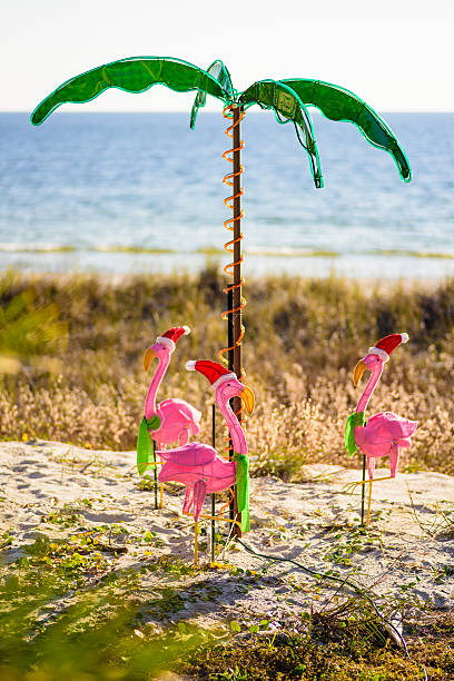 Flamingos Christmas Decoration Flamingo Christmas decoration on the gulf of mexico beach, Florida. florida christmas stock pictures, royalty-free photos & images
