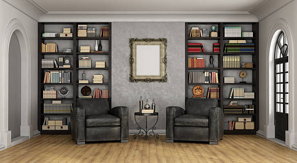 istock Luxury living room with large bookcase and armchairs 500592186