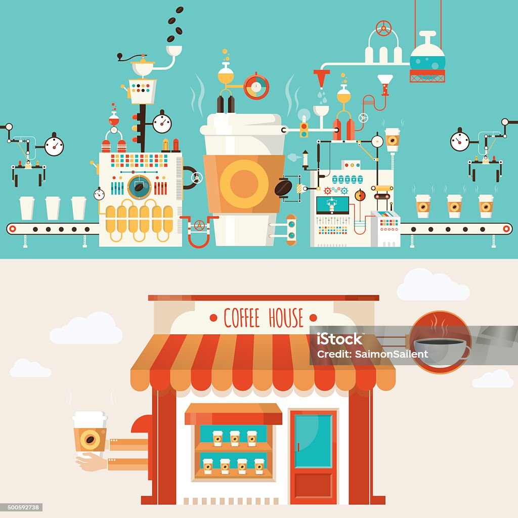 Modern vector illustration of coffee factory, coffee industry Factory stock vector