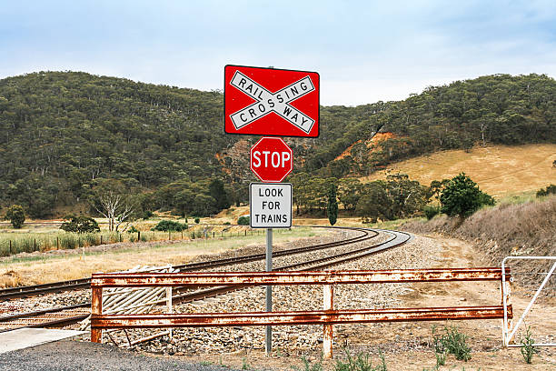 Railway crossing warning signs stock photo