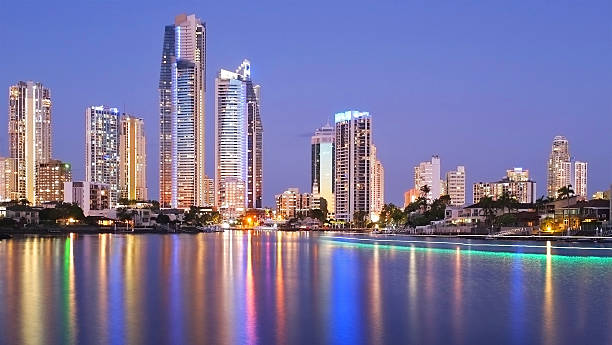 istock Night Skyline with lights after sunset, Gold Coast, Australia 500593433