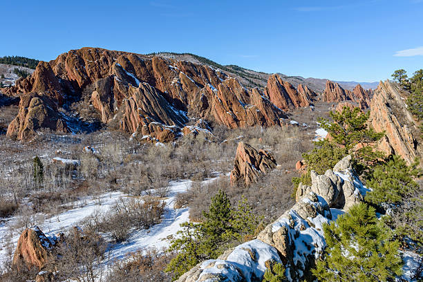 Winter at Red Valley A winter view of a red sandstone valley in Roxborough State Park, at southwest of Denver, Colorado, USA. littleton colorado stock pictures, royalty-free photos & images