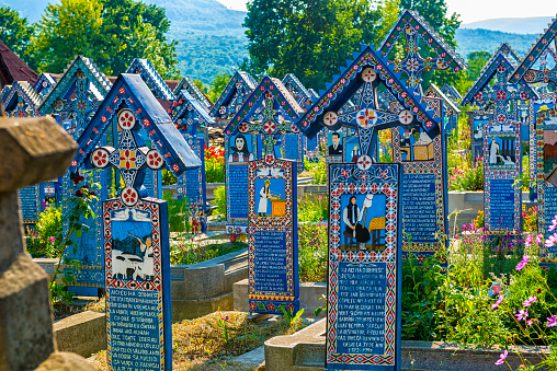 Sapanta, Romania - AUGUST 10, 2015 - Painted wooden crosses in the beautiful Merry Cemetery in Maramures County