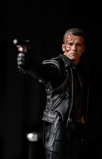 Belgrade, Serbia - October 1, 2015: Close up on Terminator manufactured by Hot Toys action figure, shot in home studio in Belgrade. Background is a defocused.
