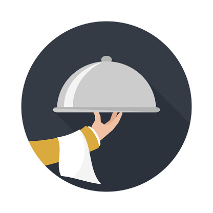 Foods Service icon with long shadow. Food Serving tray platter. Simple flat vector.