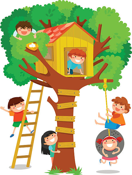 tree house children playing in a tree house kids play house stock illustrations
