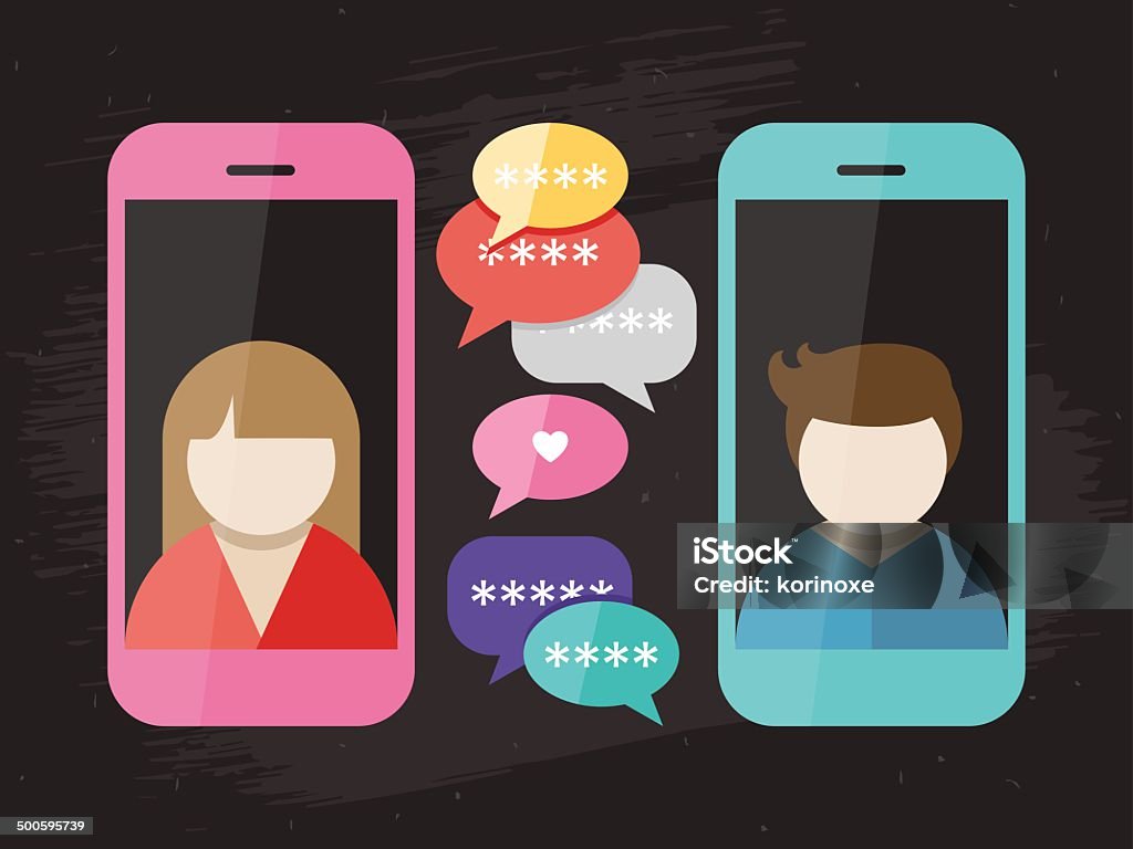 Phone messages connection Mobile phone messages connection vector illustration in flat design style with colorful speech bubbles between .two personal man and women mobile devices . Adult stock vector