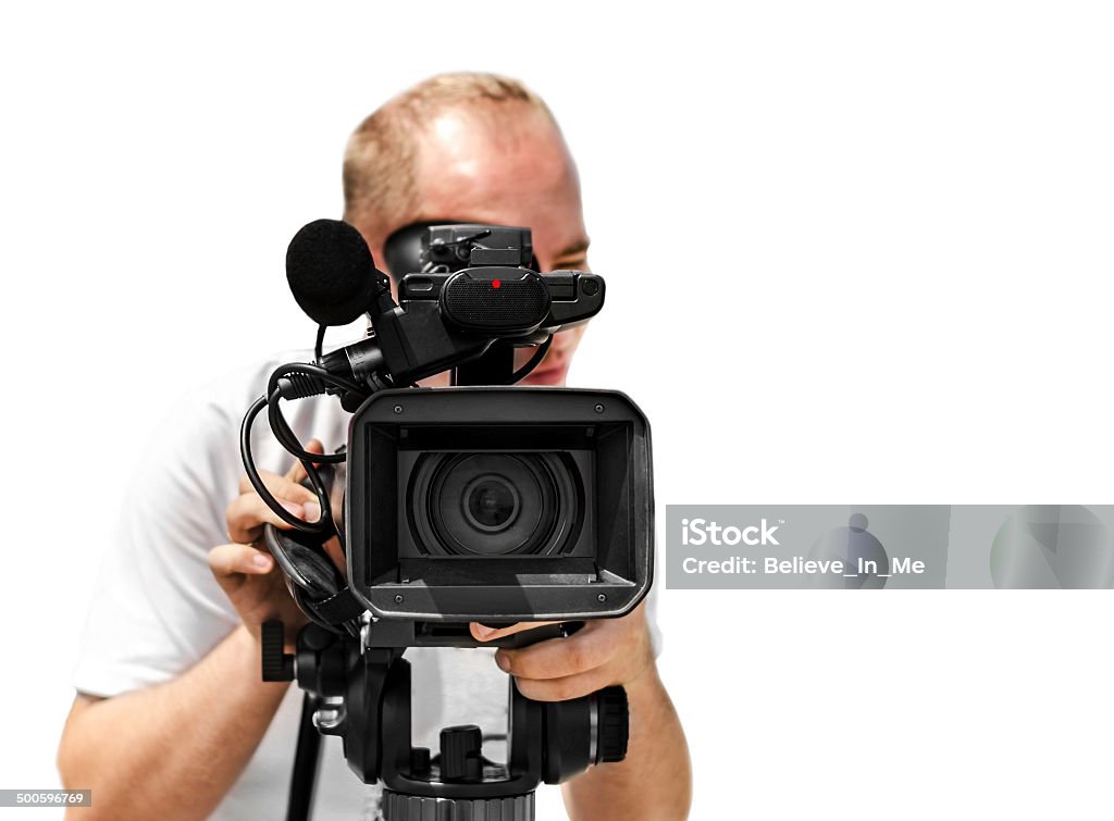 Video camera operator Video camera operator isolated over white Adult Stock Photo