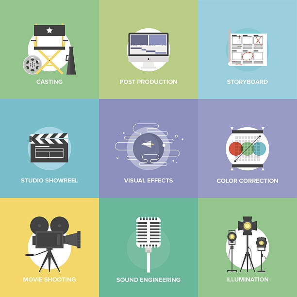 Film shooting and production flat icons set Flat icons set of professional film production, movie shooting, studio showreel, actors casting, storyboard writing, visual effects, post production and sound engineering. Flat design style modern vector illustration concept. post production house stock illustrations