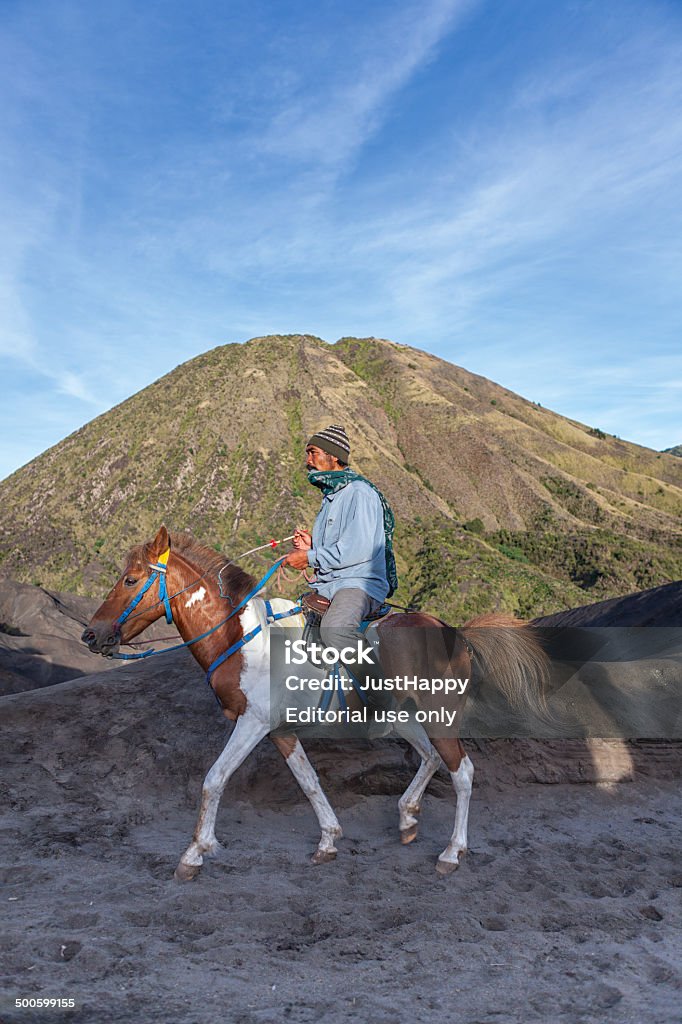 Horse Rider in Mount Bromo Gunung Bromo, Indonesia - December 27, 2013: Early morning at Mt Bromo, Java Island, Indonesia. Many people make their way up to the edge of the caldra of this active volcano. Locals are present with horses offering rides (for a fee). Accidents and Disasters Stock Photo