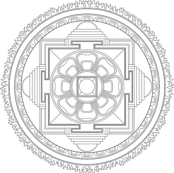 Vector illustration of Buddhist Kalachakra Mandala (Construction / Line drawing)