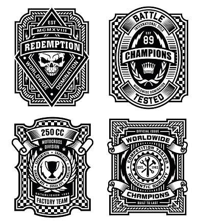 Ornate black and white emblem graphics.
