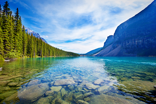 Scenic lake of Banff National Park, Alberta, Canada, features clear emerald water and dramatic mountain of the Canadian Rockies mountain range. The scenic landscape is a famous place and a favorite tourist travel destination for North American great outdoors nature vacations. horizontal format with copy space and no people.