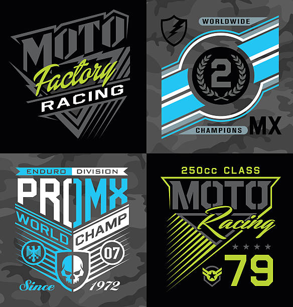 ilustraciones, imágenes clip art, dibujos animados e iconos de stock de pro motocross conjunto de emblema de gráfico - motorized sport motor racing track motorcycle racing auto racing