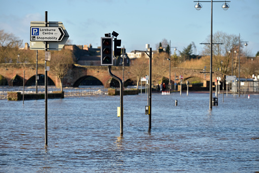 A flooded car park in Dumfries town centre after the River Nith that flows through the town burst it's banks after heavy rain.