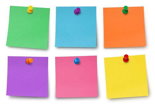 Colorful Adhesives Notes collection with pushpins - isolated on white (excluding the shadow)