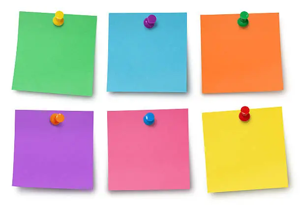 Colorful Adhesives Notes collection with pushpins - isolated on white (excluding the shadow)