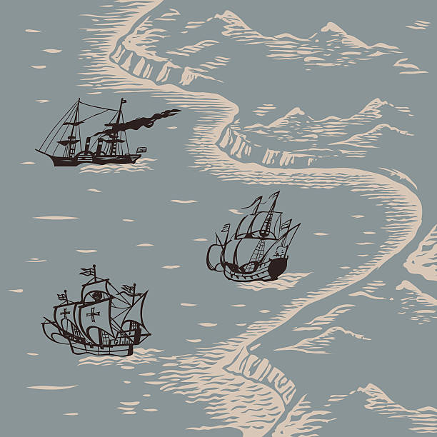 육상운송 및 바다빛 - sailing ship nautical vessel military ship brigantine stock illustrations
