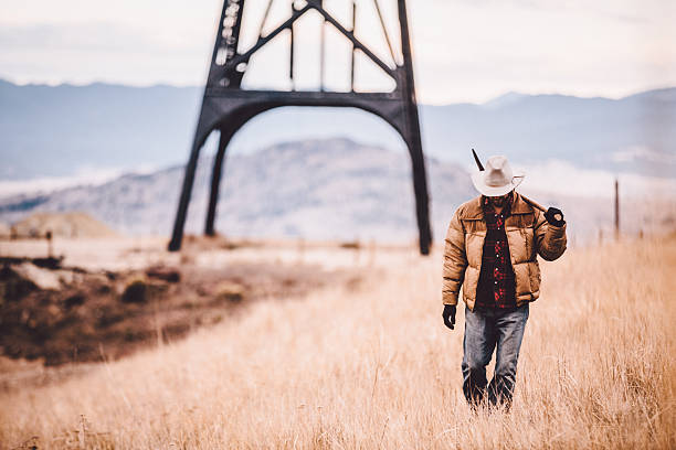 istock Cowboy with pickaxe over shoulder looking down walking through field 500611969