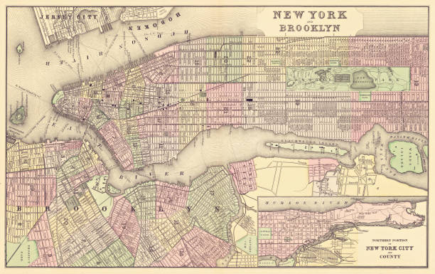 illustrations, cliparts, dessins animés et icônes de carte de la ville de new york en 1886 - brooklyn