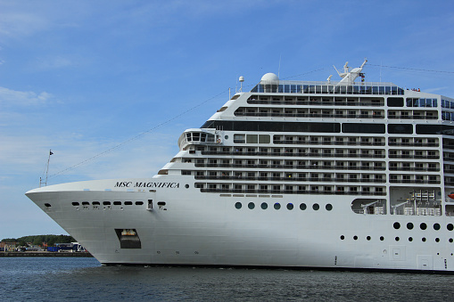 Aerial view of the terminal buildings and various passenger ships in the harbor of Tallinn, Estonia.