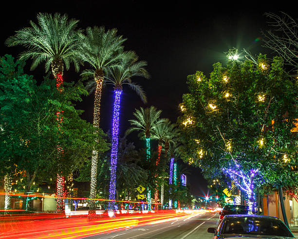 Chandler Christmas At Night Christmas decorations in downtown Chandler Arizona at night. chandler arizona stock pictures, royalty-free photos & images