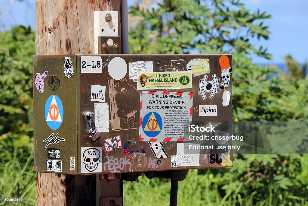 Bumper Stickers Covering Junction Box Maui, Hawaii, USA - July 18, 2013: Various bumper stickers and graffiti covering a junction box in Wai'anapanapa State Park. Graffiti Stock Photo